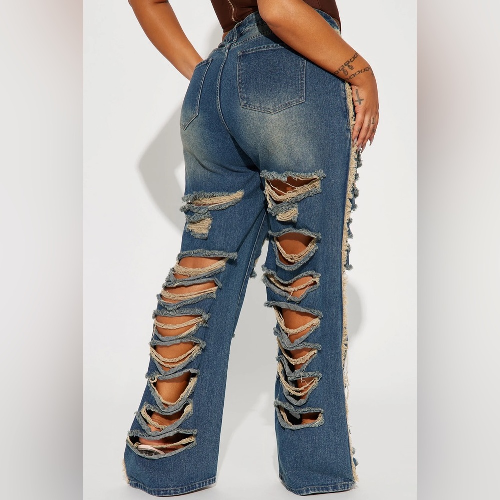Fashion Nova Blue Distressed Flare Jeans - Picture 4 of 6